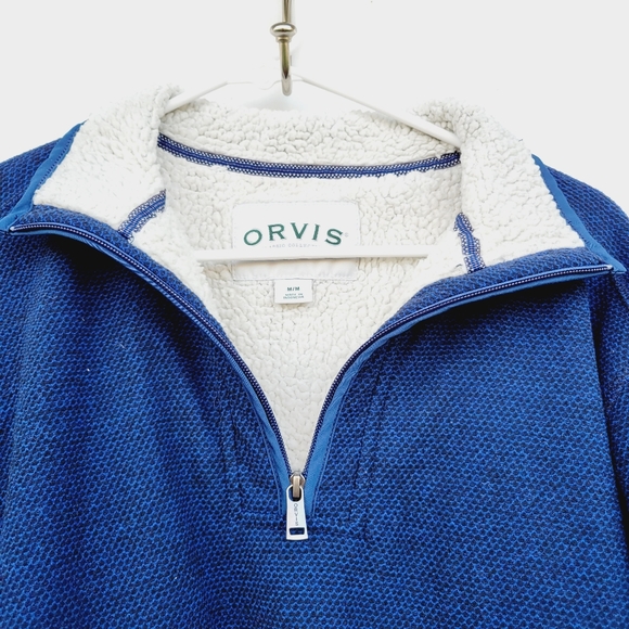 Orvis mens Quarter Zip Sherpa Lined Pullover Sweater Blue Size Medium - Picture 2 of 14